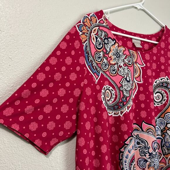 Chicos Paisley Twist Tee Women Size 3 XL Pink Berry Scoop Neck Stretchy - Picture 6 of 9